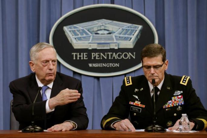 Defense Secretary James Mattis and Army Gen. Joseph Votel, brief the media at the Pentagon
